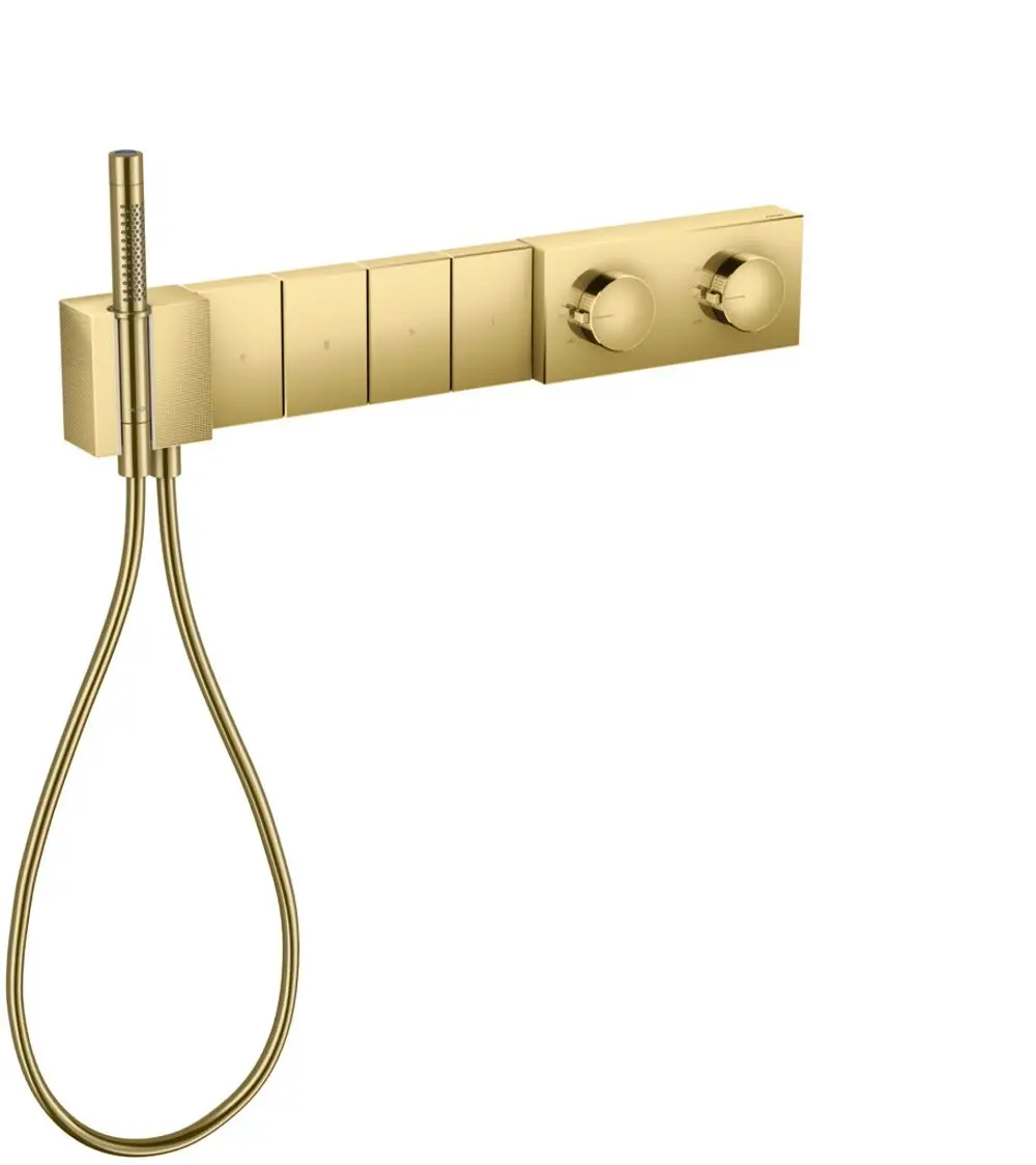Thermostatmodul von AXOR in goldfarbenem Design, mit Handbrause und Steuerungselementen für mehrere Verbraucher, zur Unterputzmontage geeignet.